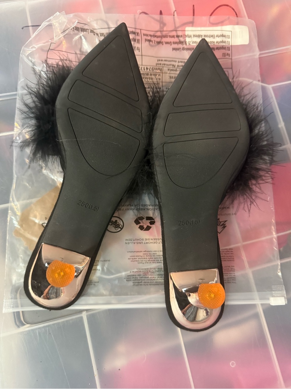Black Feather & gold Metal-Toe Stiletto Mules - Picture 4 of 5